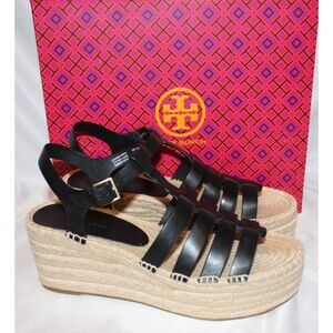 TORY BURCH WOMEN'S STRAPPY FISHERMAN ESPADRILLE SANDALS BLACK NIB $278